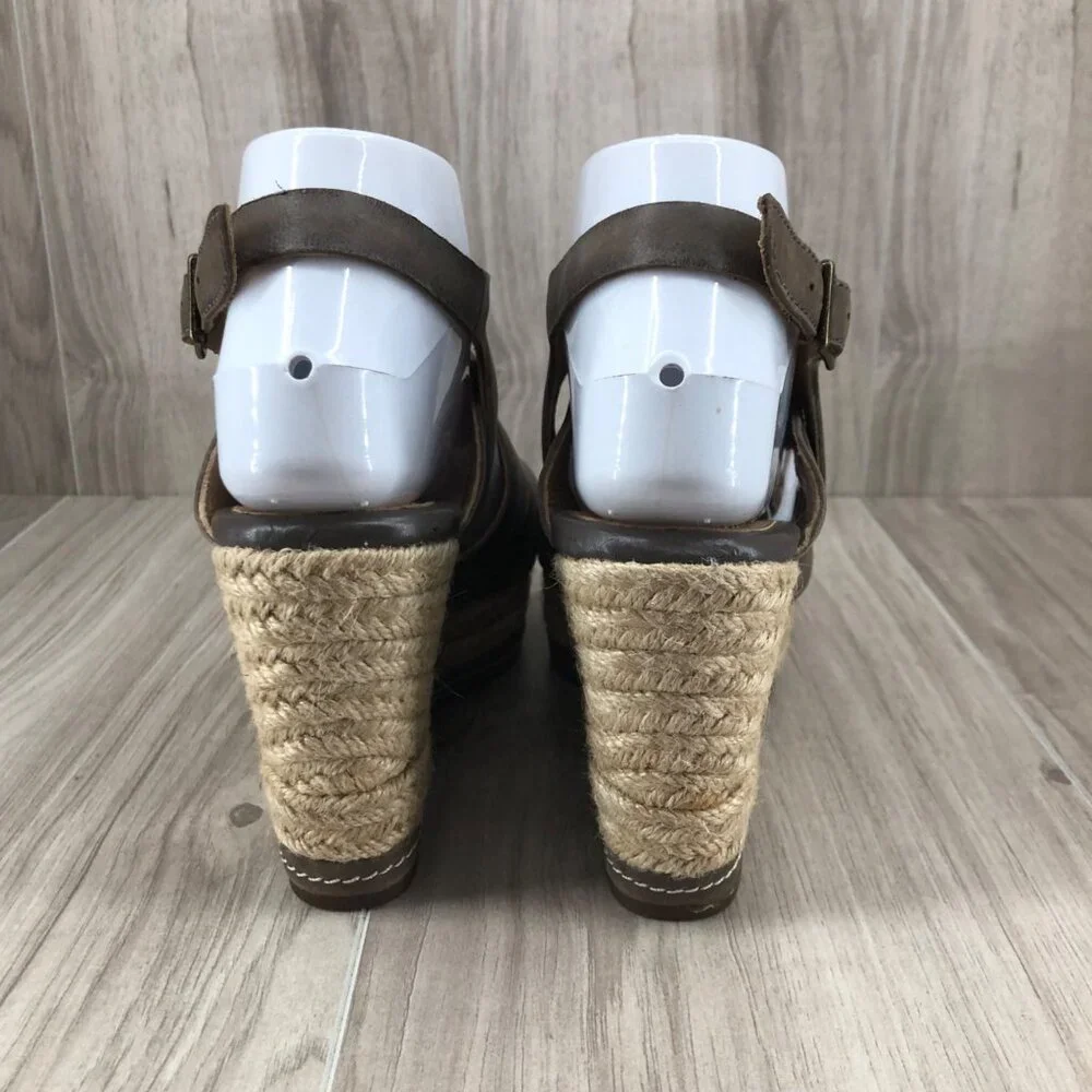 Clarks Indigo Wedge Sandals Womens 7M Taupe Leather Buckle Strap Espadrille